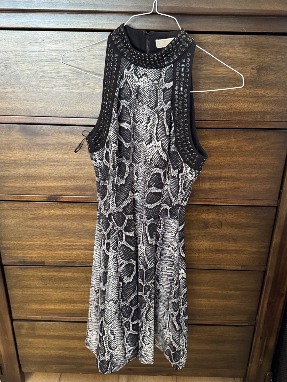 Michael Kors Black & White Snake-Print Studded Halter Mini Dress
